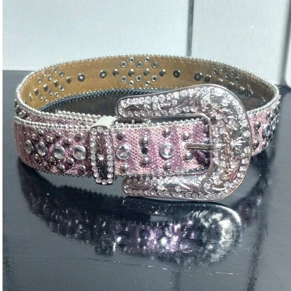 Pink Rhinestone Western Belt Horseshoe Studded Snakeskin Print Silver Buckle